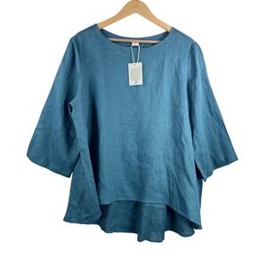 LINTICO Linen tunic blouse XL Teal Blue High Low lageb look 90s relaxed